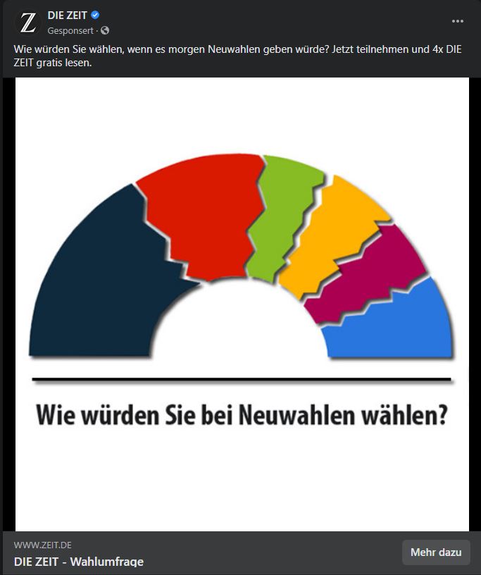 Screenshot meines Facebook-Feeds mit der Marketing-Umfrage der Zeit