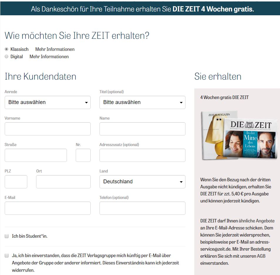 Screenshot nach Absenden der Stimme: Eingabe persönlicher Daten für ein Abonnement der Zeit nach Beantwortung der Marketing-Umfrage
